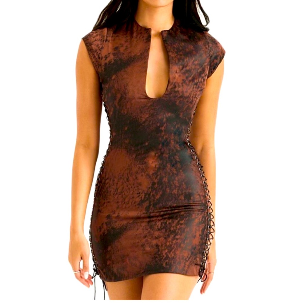 NWT House of CB DAPHNE ANTIQUE COPPER LACE UP MINI DRESS